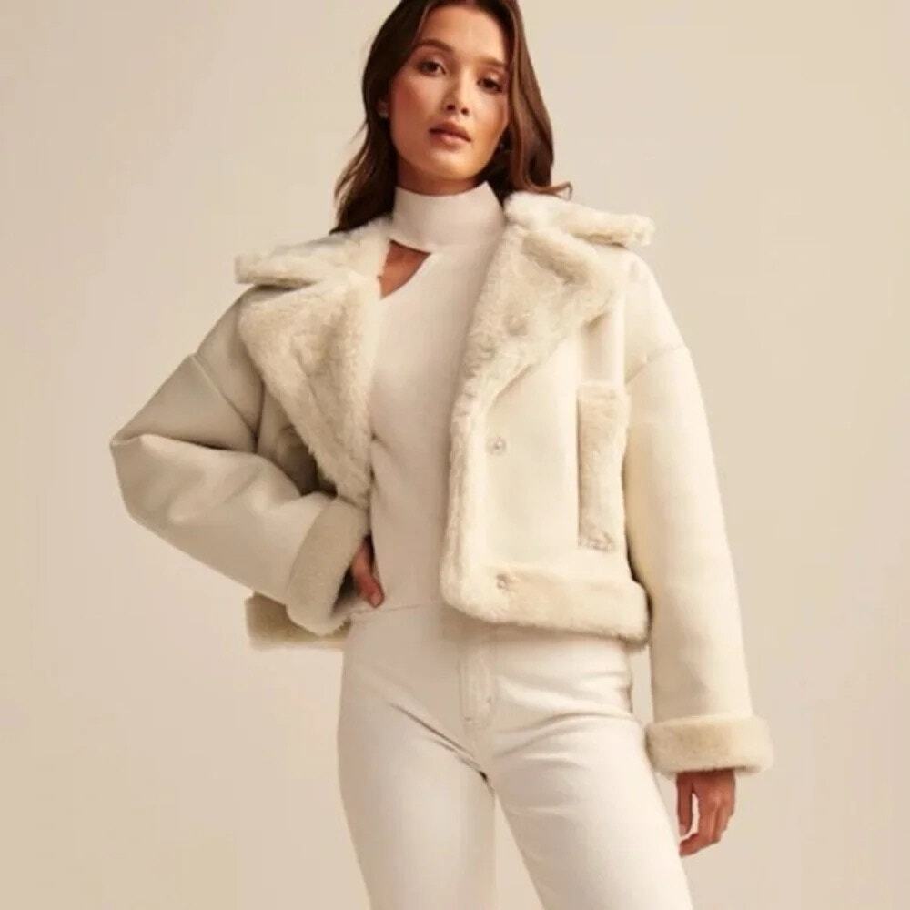 Hollister Sherpa Lined Faux Suede Cream Crop Jacket